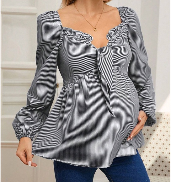 Maternity Stripes Ruffle Detail Long Sleeve Peplum Blouse - Picture 1 of 7